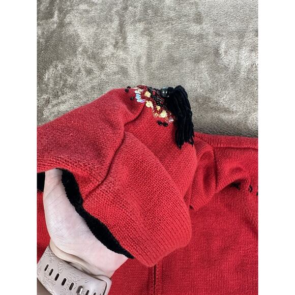 Story Book Knits Full Zip Red Beaded Sunflower Sweater Hooded Women’s Small RARE - Picture 8 of 12